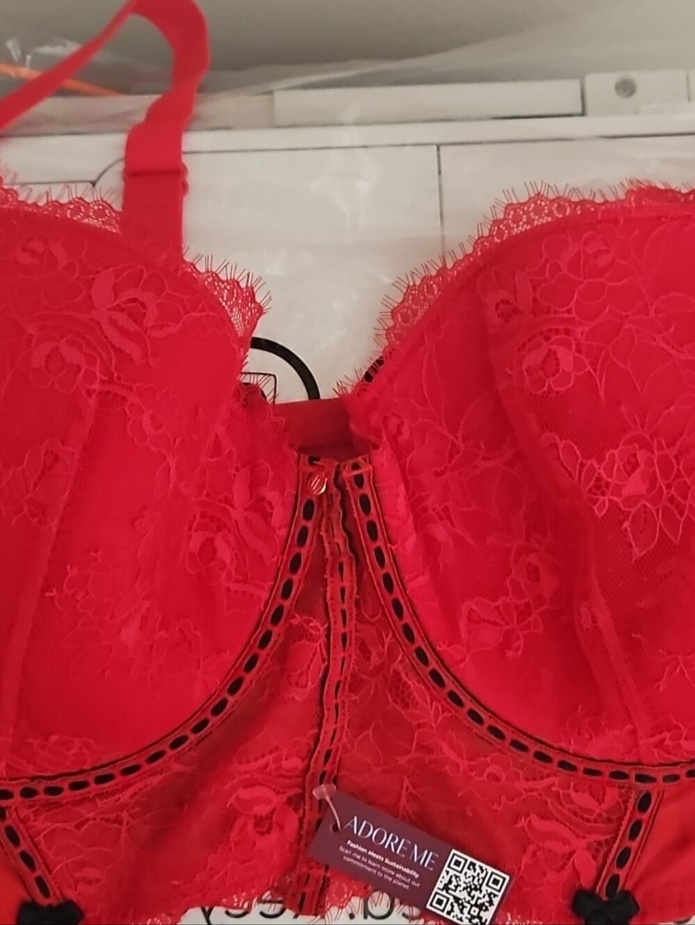Adore Me Red Lace with Black Ribbon Trim Corset Style Bra 42DD